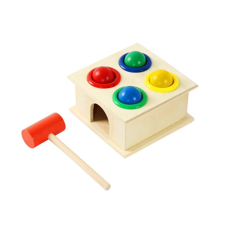 Wooden activity knocking table with 4 colored buttons and mallet