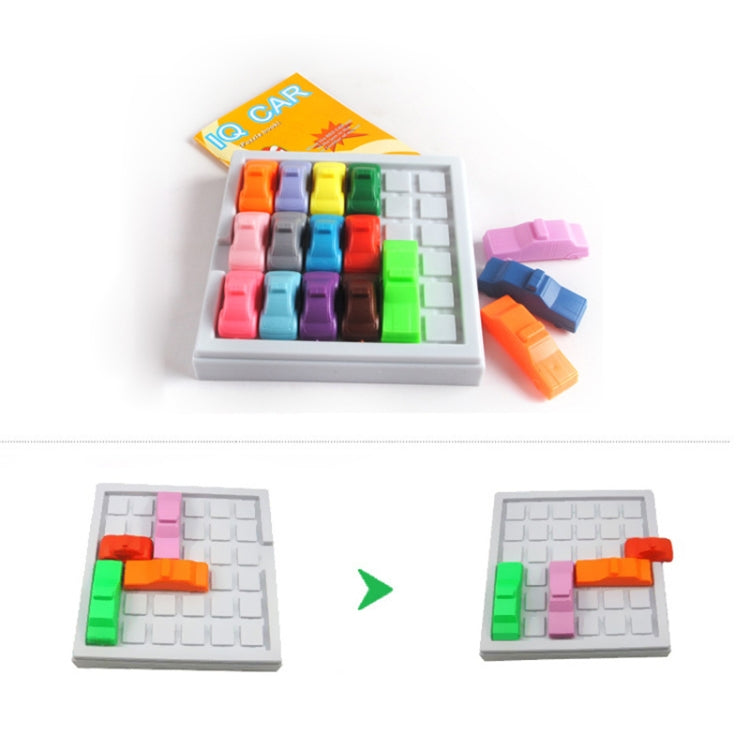 IQ car puzzle game in tray with movable blocks and two board layout views