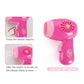 Pink mini hair dryer pretend-play toy with blower vent and switch on body