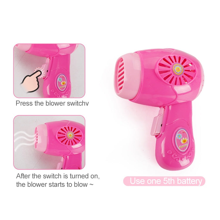 Pink mini hair dryer pretend-play toy with blower vent and switch on body