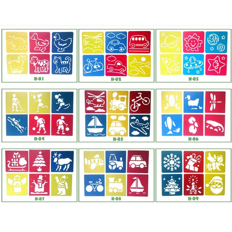 Kids plastic stencil set with assorted colorful icon tiles, multiple designs included