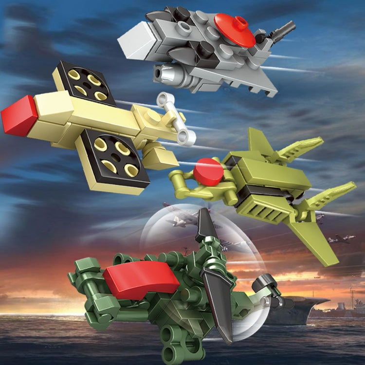 Assembled block tank and jet toy with green and red accents, yellow body and wheels