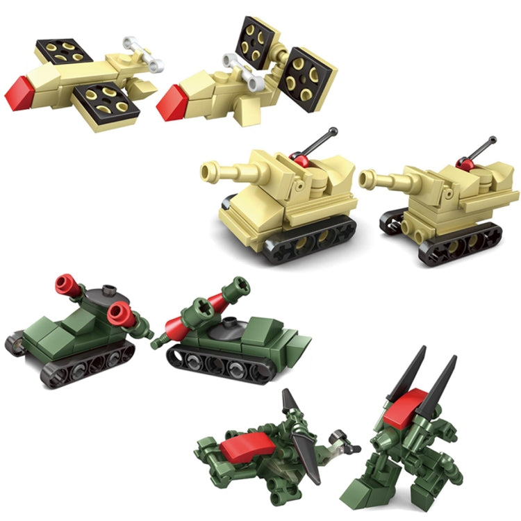 Set of assembled building block vehicles: yellow tanks, green plane, and launcher pieces