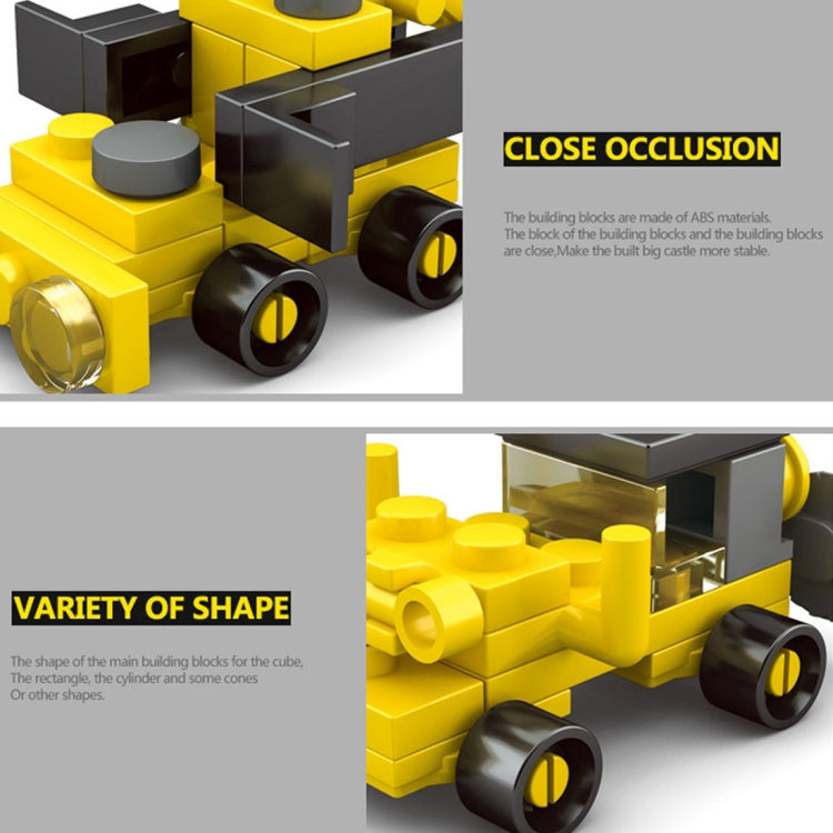 Yellow building block vehicle chassis with black wheels and gray connector parts