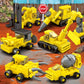 Yellow wheeled tank and armored truck building blocks with gray gun and red details