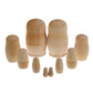 Unfinished wooden nesting dolls set with stacked oval shapes in natural wood