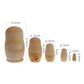 Wooden nesting dolls with size measurements shown on stacked natural wood pieces