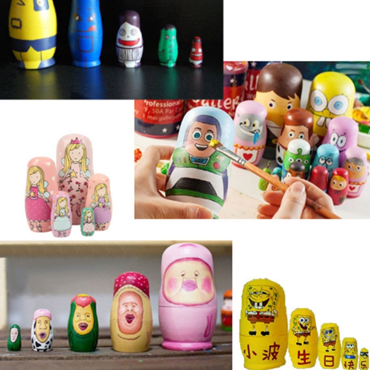 Painted wooden nesting dolls with colorful character designs in multiple sizes