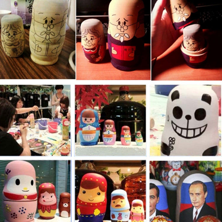 Assorted painted wooden nesting dolls with faces and patterns on stacked shells