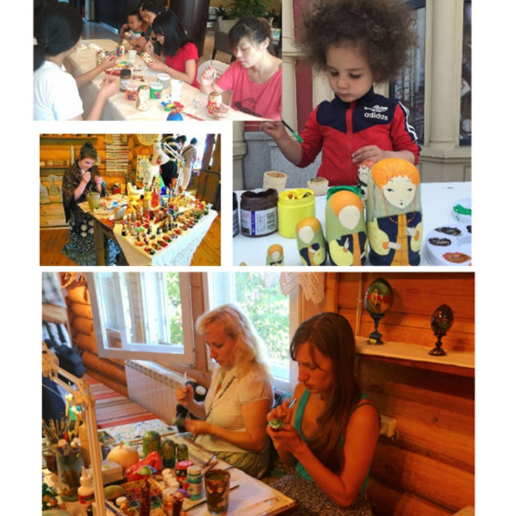 Children painting wooden nesting dolls at a craft table with stacked pieces