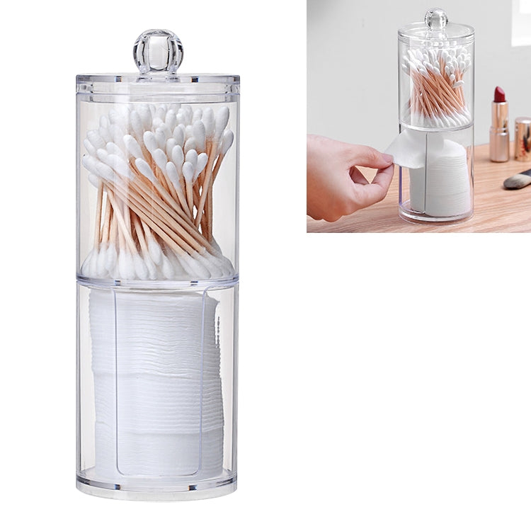 Clear round plastic cosmetic storage box with swabs and cotton pads, dual sections.