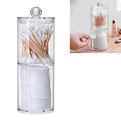 Clear round plastic cosmetic storage box with swabs and cotton pads, dual sections.