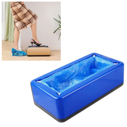 Blue disposable shoe cover machine with tray dispensing blue shoe covers