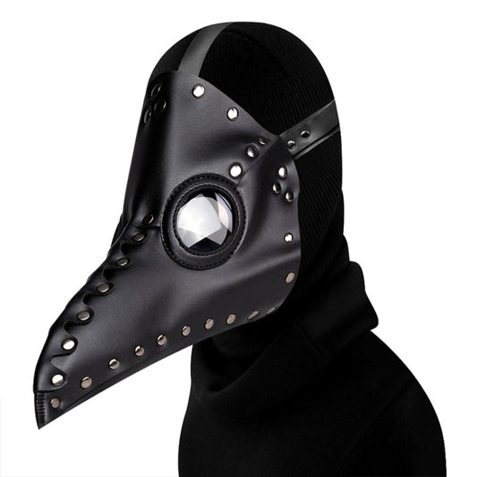 Black riveted beak shape face mask with hood and round eye opening, Halloween costume prop
