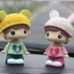 Resin cartoon couple ornament: boy in green outfit and girl in pink dress, bear hats