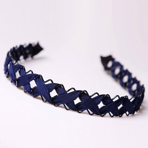 Dark blue hollow braid hair hoop headband, flexible coiled ring with zigzag links.