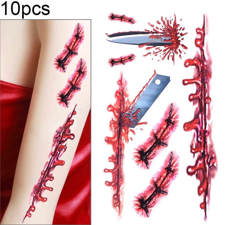 Temporary wound tattoo sticker set: stitched scars with red blood on arm skin