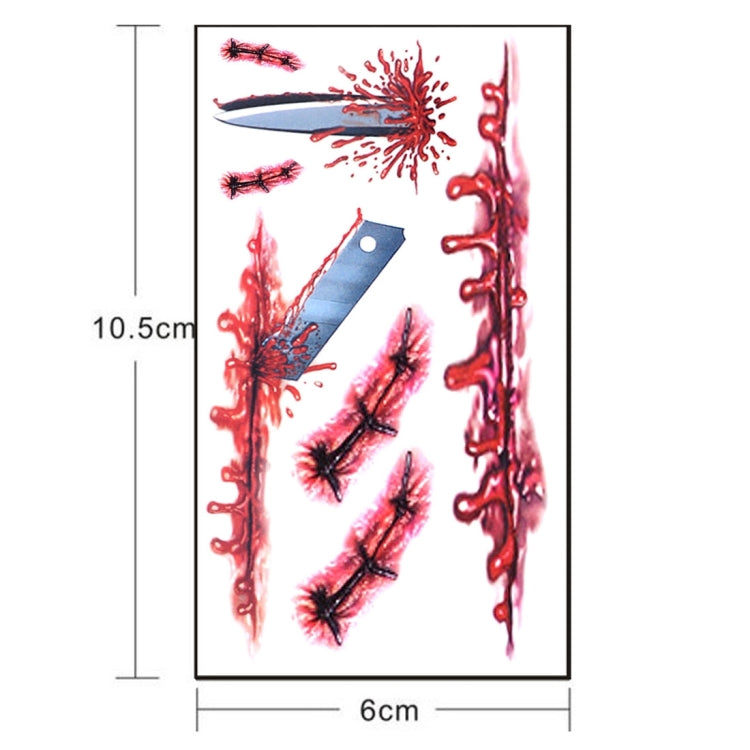 Rectangle temp tattoo sheet with stitched scars and red blood, approx 6cm width
