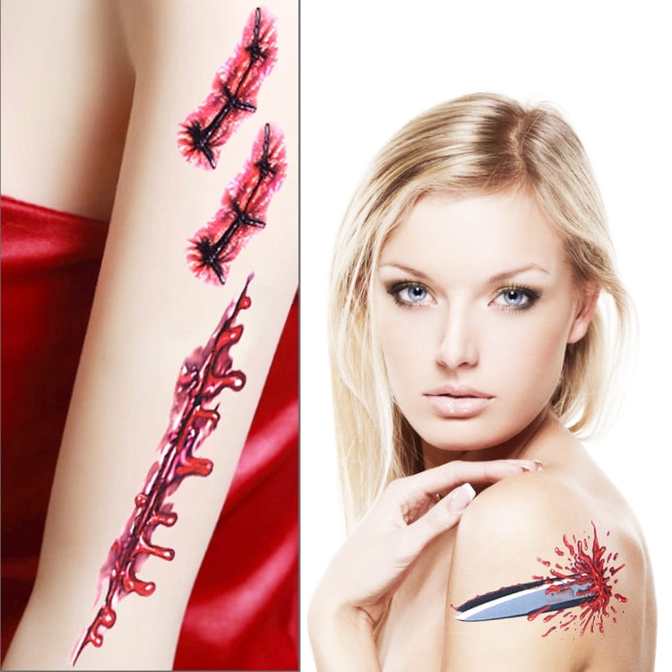 Temporary wound tattoo stickers on model shoulder: stitched scars and red blood