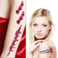 Temporary wound scar tattoo stickers on skin, blue bruise with blood and stitched cuts