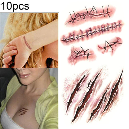 Temporary wound scar tattoo stickers, red stitches and scratches on skin