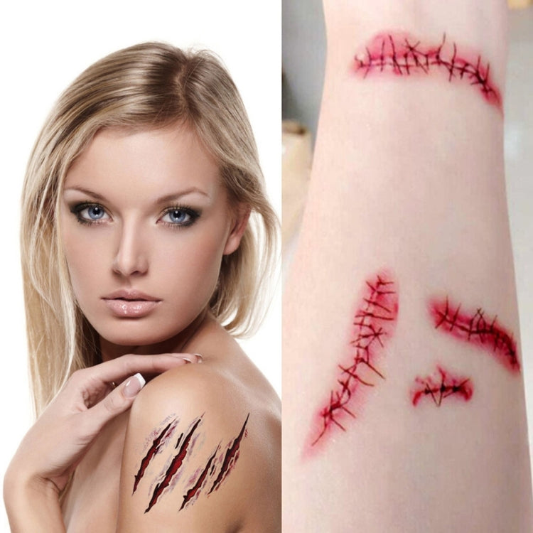 Temporary wound scar tattoos on arm: red stitched cuts, scars, and scratches