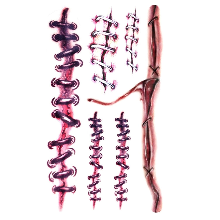 Temporary tattoo sticker sheet with stitched scars, cross marks, and red cut wounds