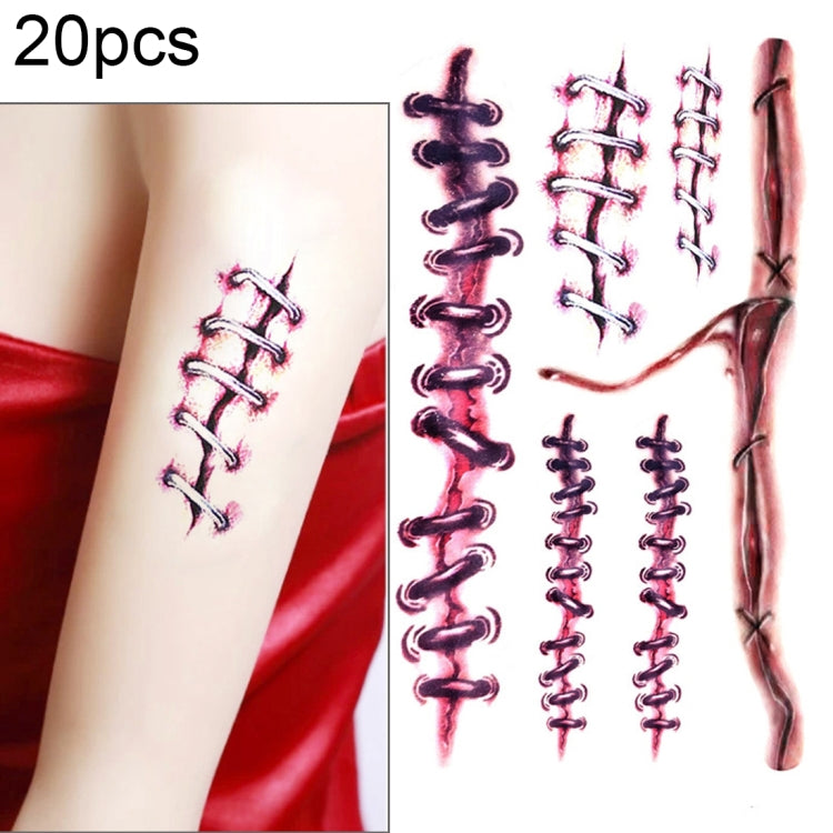Temporary wound scar and stitches tattoo stickers on arm, dark red and black designs