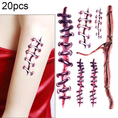 Temporary wound scar and stitches tattoo stickers on arm, dark red and black designs