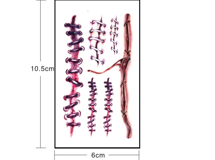 Wound scar temporary tattoo sticker sheet with size markers, 6cm x 10.5cm