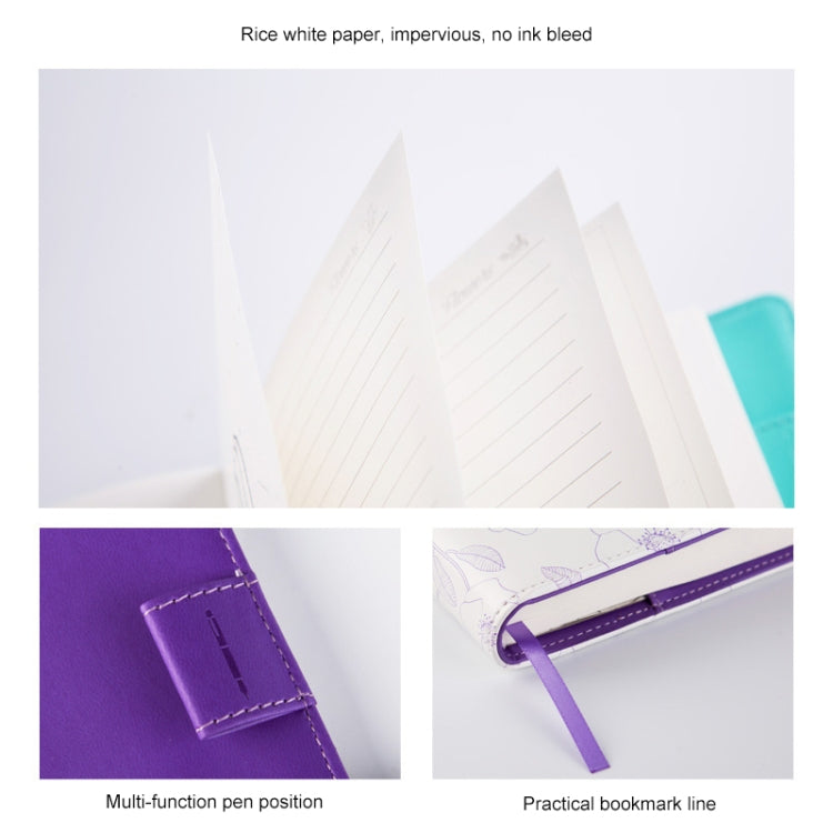 Purple notebook with stitched cover, bookmark ribbon line and pen position