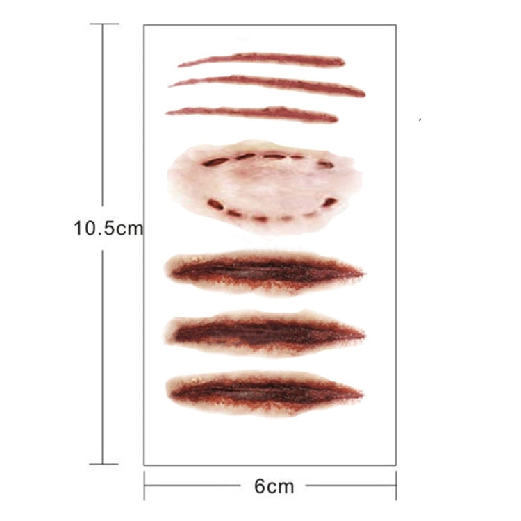 Set of 20 temporary wound scar and scratch tattoo stickers, 6 x 10.5 cm sheet