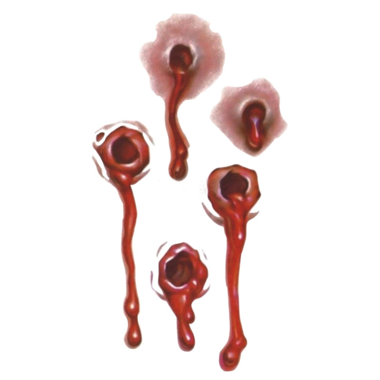 Temporary tattoo stickers set with six red bullet-hole and blood drip shapes