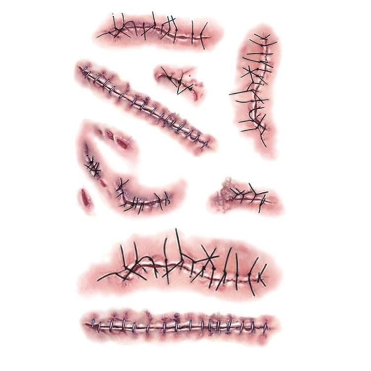 10-piece temporary wound scar tattoo sticker set with red-and-black stitched wounds