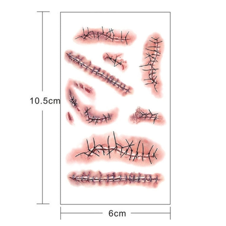 10-piece temporary wound scar tattoo sheet, red-and-black stitched designs, 10.5cm x 6cm