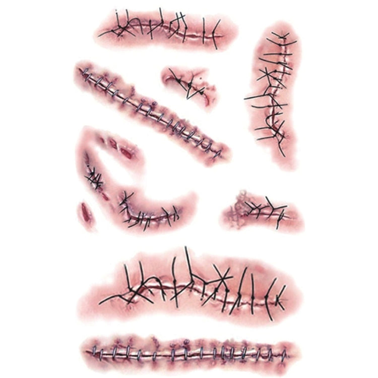 Wound scar temporary tattoo stickers sheet with black stitch-and-cut designs