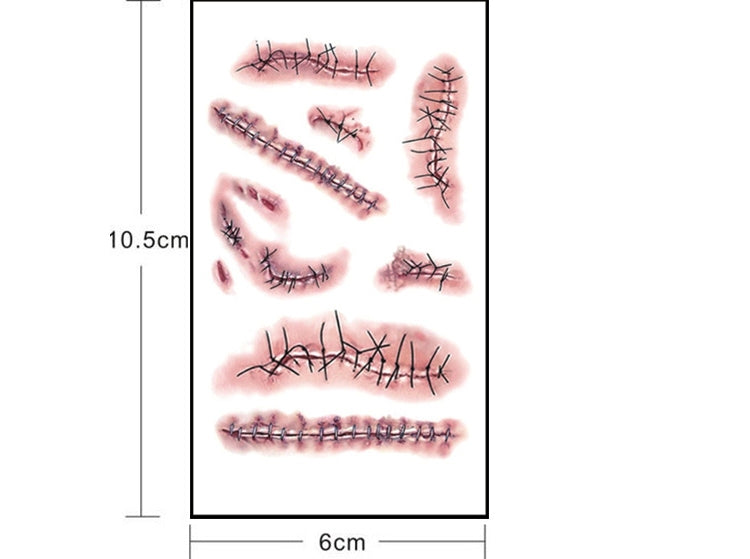 Wound scar temporary tattoo sticker set layout with size marks 6cm and 10.5cm