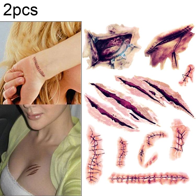 Temporary wound tattoo stickers showing scratches, cuts, and stitched scars in red and brown