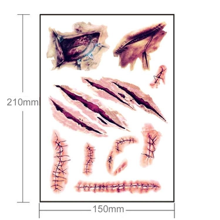 Temporary wound tattoo sticker sheet with multiple scratch, cut, and stitched scar designs