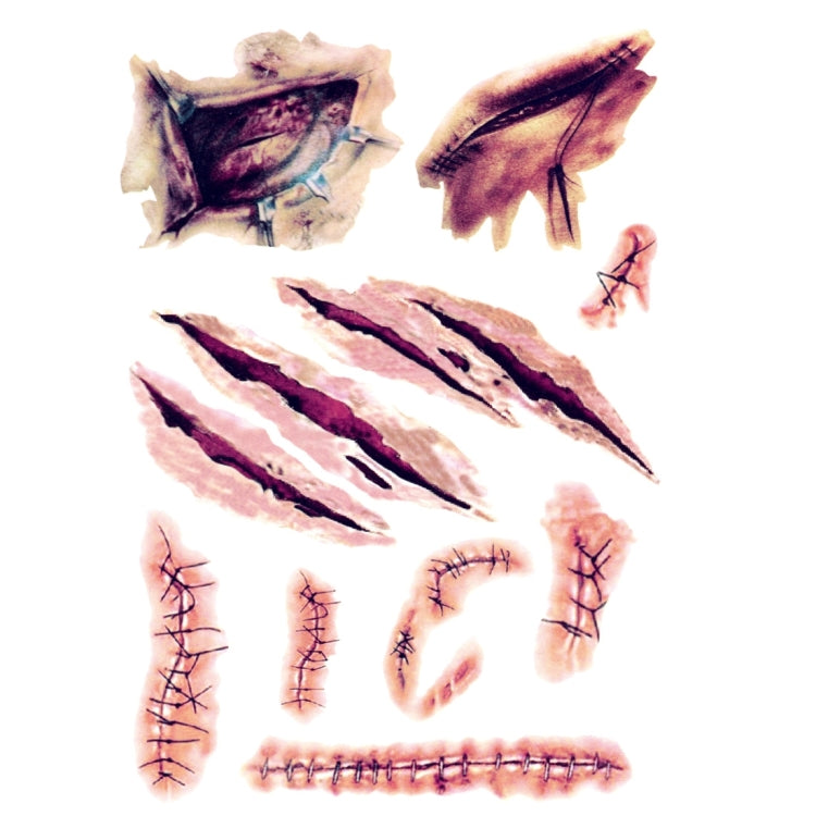 Temporary injury tattoo sticker sheet with scratches, cuts, and stitched wounds, purple