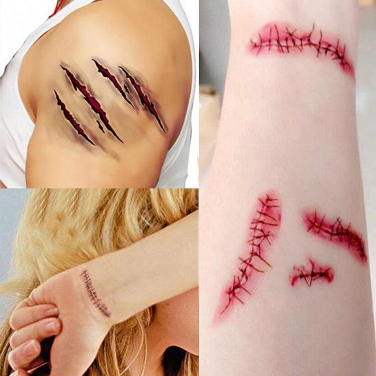 Temporary red wound and scar tattoo stickers with stitched cuts on arm and leg