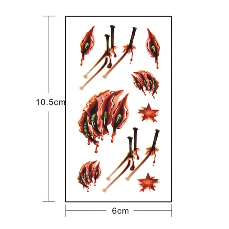 10.5 x 6 cm pack of 20 temporary wound tattoo stickers with blood, knives, and star marks