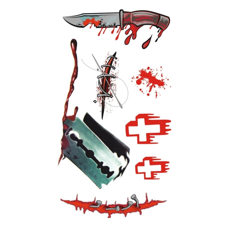 Temporary blood splatter wound tattoo sticker set with knife, chain, and red cross