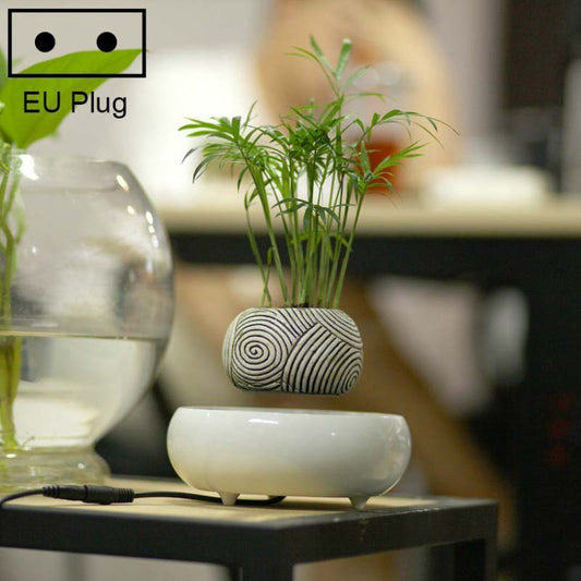 Dark Color Stripe Flower Pot + Imitation Ceramic Resin Base Magnetic Levitation Potted Plant Home Decoration, EU Plug, Dark Color EU Plug, Soil Color EU Plug, Ivory White EU Plug, Volcanic Rock EU Plug, Beige Stripe EU Plug, White Stripe EU Plug
