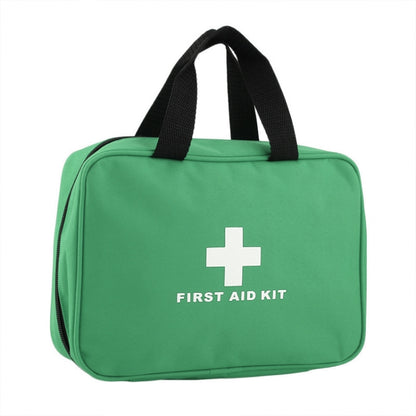 Green first aid kit bag with black handles, plus logo, and “FIRST AID KIT” print