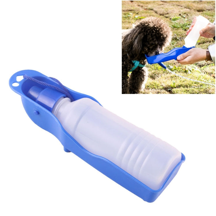Blue 250ml portable pet water bottle with carry loop and squeeze drinking spout