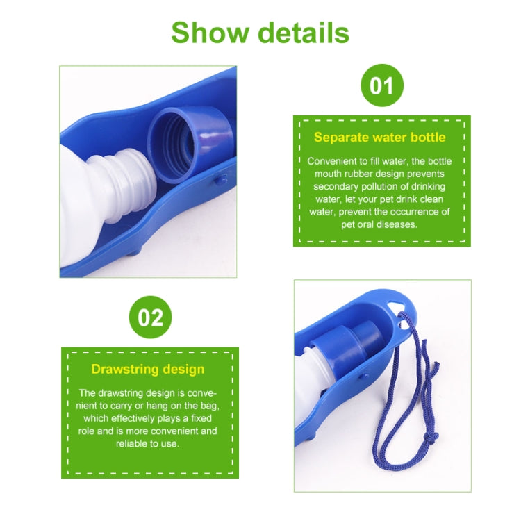 Blue 250ml portable pet water bottle with screw cap and open mouth spout