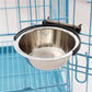 Stainless steel suspended dog feeding bowl with black brackets for cage mounting