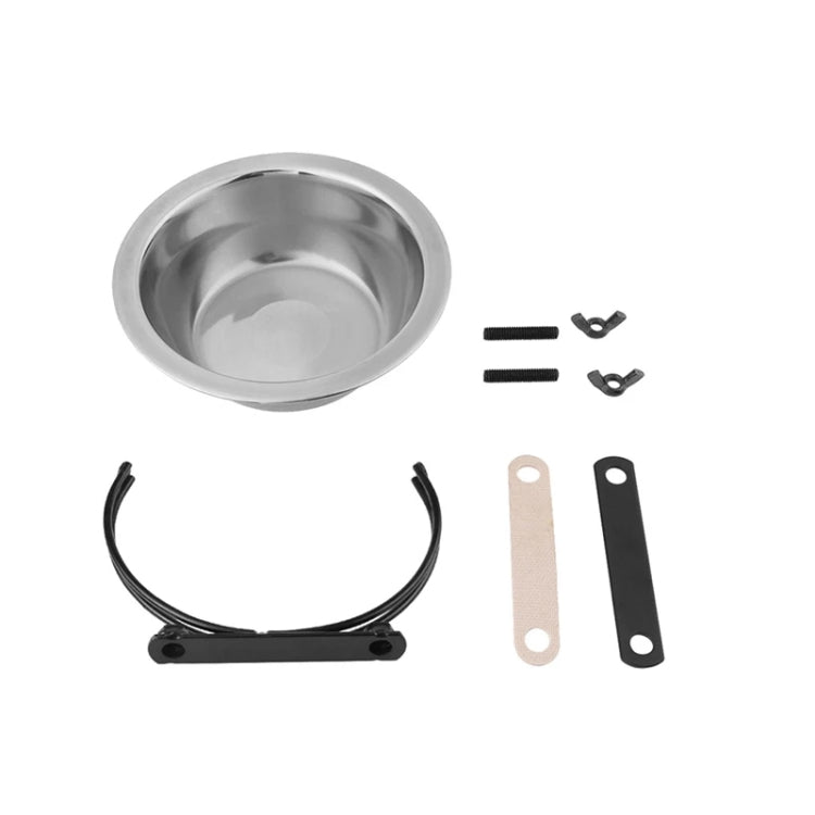 Stainless steel dog bowl with black suspension frame, screws, and mounting straps