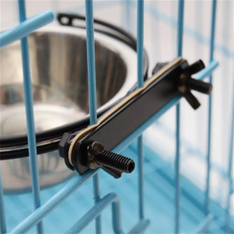 Stainless steel hanging dog feeding bowl with black clamp and threaded bracket